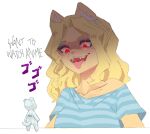 2026 ambiguous_gender anthro blonde_hair cheese_quesadilla clothing corablue digital_media_(artwork) duo english_text extreme_size_difference felid female glowing glowing_eyes hair mammal meme menacing_(meme) pattern_clothing pattern_shirt pattern_topwear red_eyes shirt simple_background size_difference smile striped_clothing striped_shirt striped_topwear stripes text tongue tongue_out topwear white_background ych_(character)