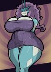 anthro big_breasts blue_body breast_squish breasts clothed clothing clothing_lift dress dugdog female generation_2_pokemon genitals gradient_background hair hands_behind_back head_crest hi_res huge_breasts legendary_pokemon looking_at_viewer looking_down low-angle_view mammal nintendo no_underwear pokemon pokemon_(species) pokemorph purple_clothing purple_dress purple_hair red_eyes simple_background smile solo sparkles sparkling_clothing sparkling_dress squish suicune thick_thighs upskirt vulva