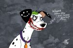 101_dalmatians 2021 alternate_species batman_(series) black_body black_eyeshadow black_fur black_nose black_spots canid canine canis clown_makeup collar cruella_(2021_film) dalmatian dc_comics disney domestic_dog english_text eyeshadow feral fur green_hair hair lipstick makeup male mammal markings parody purple_collar red_lipstick sharp_teeth solo spots spotted_body spotted_fur teeth text the_joker toony unclescooter white_body white_fur white_spots