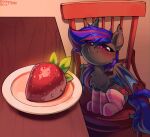 :3 bat_pony bat_wings blini_cat blush chair clothing ear_tuft ebony_rose_(character) enderselyatdark equid equine eyebrow_through_hair eyebrows fan_character fangs female fluffy fluffy_chest food footwear fruit furniture hair hasbro hi_res horse inner_ear_fluff inside legwear mammal mane membrane_(anatomy) membranous_wings meme multicolored_hair multicolored_mane my_little_pony parody pattern_clothing pattern_footwear pattern_legwear pattern_socks plant plate purple_eyes socks strawberry striped_clothing striped_footwear striped_socks stripes table teeth translucent translucent_hair tuft wings