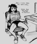 2026 american_opossum anthro black_and_grey bottomwear bulge chair clothing computer dialogue electronics english_text eyewear footwear furniture glasses gynomorph hair hi_res hladilnik intersex mammal marsupial marylin_(hladilnik) messy_hair monochrome pattern_clothing pattern_shirt pattern_topwear shirt shoes shorts sketch slippers solo striped_clothing striped_shirt striped_topwear stripes swivel_chair table text topwear