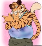 anthro biped blue_clothing blue_shirt blue_tank_top blue_topwear bottomwear brown_body brown_fur calico_kai clothed clothed_anthro clothed_male clothing colored digital_media_(artwork) felid fingers front_view fur gesture grey_bottomwear grey_clothing grey_pants half-length_portrait hand_gesture hi_res humanoid_hands jun_kobayashi long_tail looking_at_viewer male mammal markings one_eye_closed orange_body orange_eyes orange_fur overweight overweight_anthro overweight_male pantherine pants pink_background pointing pointing_at_viewer portrait shirt simple_background smile solo standing striped_markings stripes tail tan_body tan_fur tank_top tennis_ace text tiger topwear url watermark wink winking_at_viewer