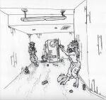 absurd_res anthro beverage beverage_can bottomwear breasts canid canine canis clothing curious drinking duo female hair hat headgear headwear hi_res kyuu_(scarydrpepper) liminal_spaces lyka_(mrfanman42) machine mammal pants pepsi red_wolf sergal soda spacewhaleworship tail the_backrooms tools traditional_media_(artwork) vending_machine wallpaper wolf wrench