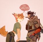 accessory anthro blush cigar cigar_in_mouth clothed clothing cybernetic_arm cybernetic_limb dialogue digital_media_(artwork) duo english_text eye_patch eyewear felid feline fur gun hair headband holding_object human konami lazylynxboy lynx male mammal metal_gear object_in_mouth prosthetic prosthetic_arm prosthetic_limb ranged_weapon scar shirt simple_background speech_bubble tail text topwear venom_snake weapon yellow_body yellow_fur
