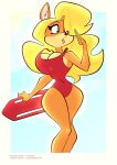 2026 4_fingers absurd_res activision anthro artist_name bandicoot big_breasts black_nose blonde_hair bouncing_breasts breasts brown_eyebrows cleavage clothed clothed_anthro clothed_female clothing crash_bandicoot_(series) curvy_figure eyebrows eyelashes female female_anthro fingers fur glistening glistening_eyes green_eyes hair hair_over_eye hi_res huge_breasts inner_ear_fluff lifeguard lifeguard_float lips long_hair looking_aside mammal marsupial multicolored_body multicolored_fur navel_outline one-piece_swimsuit orange_body orange_ears orange_fur pink_inner_ear pink_lips pupils red_clothing red_one-piece_swimsuit red_swimwear roger_bacon small_waist solo swimwear tawna_bandicoot text thick_eyelashes tuft two_tone_body two_tone_fur voluptuous white_inner_ear_fluff wide_hips yellow_body yellow_fur