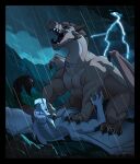 2025 ambiguous_gender arkcia black_border black_sclera blue_eyes border brown_eyes burn_(wof) claws dragon duo electricity european_mythology fangs female_(lore) feral finger_claws forked_tongue hi_res horn hvitur_(wof) icewing_(wof) lightning long_neck male_(lore) membrane_(anatomy) membranous_wings muscular muscular_feral mythological_creature mythological_scalie mythology neck_scar outside pinned pinned_to_ground raining rock sandwing_(wof) scalie scared signature stinger stinger_tail tail teeth toe_claws tongue western_dragon wing_claws wings wings_of_fire
