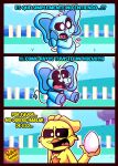 absurd_res anthro avian bird blue_body bubba_bubbaphant chicken comic confusion duo egg elephant elephantid galliform hi_res kickinchicken male mammal mob_entertainment phasianid poppy_playtime proboscidean rocketlennon smiling_critters spanish_text text translated yellow_body