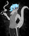 abstract_background alternate_costume anthro arm_tattoo baryonyx black_bottomwear black_clothing black_pants blue_hair blush bottomwear breasts cigarette clothed clothed_anthro clothed_female clothing crossgender dinosaur facial_tattoo female fingers goodbye_volcano_high gothgator0 grey_body grey_eyes hair hand_on_hip hi_res holding_cigarette holding_object humanoid_hands ko_op_(game_developer) long_tail looking_at_viewer markings medium_breasts meme meme_clothing mtf_crossgender nick_(gvh) non-mammal_breasts pants portrait pose prehistoric_species reptile restricted_palette saurischian scalie short_hair shoulder_tattoo side_boob smile smoke solo spiked_tail spikes spikes_(anatomy) spinosaurid striped_markings stripes sweater tail tattoo theropod three-quarter_portrait topwear track_pants virgin_killer_sweater