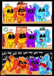 anthro avian bird blue_body bubba_bubbaphant canid canine canis catnap_(poppy_playtime) chicken comic dogday_(poppy_playtime) domestic_cat domestic_dog elephant elephantid felid feline felis galliform group hi_res kickinchicken laugh male mammal mob_entertainment orange_body phasianid poppy_playtime proboscidean purple_body references rocketlennon smiling_critters text yellow_body
