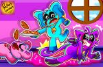 anthro blue_body bubba_bubbaphant catnap_(poppy_playtime) cookie domestic_cat domestic_pig elephant elephantid felid feline felis female food group hi_res male mammal mob_entertainment pain pickypiggy pink_body poppy_playtime proboscidean purple_body rocketlennon smiling_critters suid suine sus_(pig) tail trio