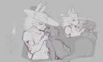 anthro canid canine chin_grab clothing duo french_kissing guide_lines hair hat headgear headwear heart_symbol intimate kissing lagomorph leporid long_hair long_tongue male male/male mammal monochrome neck_grab onomatopoeia rabbit sketch sound_effects sweater text tongue tongue_swallowing topwear turtleneck unnamed_characters untalentedscribbles