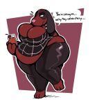 2020 3_toes animal_crossing anthro belly belly_overhang beverage big_breasts big_butt boot_(artist) bottomwear breasts butt canid canine canis cherry cherry_(animal_crossing) cleavage clothed clothing dark_body dark_fur dialogue domestic_dog english_text feet female food fruit fur green_eyes holding_glass holding_object huge_breasts huge_butt leather leather_bottomwear leather_clothing leather_pants long_ears mammal nintendo no_shoes obese obese_anthro obese_female overweight overweight_anthro overweight_female pants pattern_clothing pattern_shirt pattern_topwear piercing pink_snout plant red_body red_fur shirt snout solo speech_bubble text toes topwear wide_hips