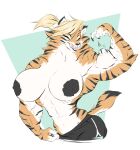 abs anthro areola athletic_wear big_breasts binsa_(lewdnaut) black_areola black_nipples black_stripes blonde_hair bottomwear breasts clothed clothing dullvivid fangs felid female female_anthro flexing flexing_bicep fur gym_bottomwear gym_shorts hair half-closed_eyes hi_res huge_breasts licking licking_lips mammal muscle_tone muscular muscular_anthro muscular_female narrowed_eyes neck_tuft nipples orange_body orange_fur pantherine shorts smile smirk smug smug_face smug_grin solo striped_body striped_fur stripes teeth tiger tongue tongue_out topless topless_anthro topless_female tuft