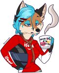 alpha_channel anthro armor belly black_nose blue_eyelids blue_eyes blue_fingers blue_hair blue_lips blue_stripes breasts brown_face canid canine cheek_tuft clothing cobywong container cup digital_drawing_(artwork) digital_media_(artwork) eye_bags eyelashes facial_tuft female fingers fox frown fur grey_arms grey_ears grey_hands hair half-closed_eyes half-length_portrait headgear helmet hi_res holding_armor holding_container holding_cup holding_headgear holding_helmet holding_object inner_ear_fluff lips long_sleeve_shirt mammal narrowed_eyes noose noose_neckwear outline portrait racing_helmet racing_suit red_clothing red_shirt red_topwear shirt solo steam stripes tan_belly tan_body tan_fur tan_inner_ear tan_inner_ear_fluff tan_snout text topwear translation_request tuft weck white_outline
