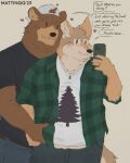 anthro arches_(game) backwards_hat bear belly belly_grab belly_peeking_out belt big_belly blush bodily_fluids bottomwear brown_bear cameron_wilson canid canine canis claws clothing compliment coyote denim denim_bottomwear denim_clothing devon_ortega dialogue digit_ring duo echo_(series) echo_project electronics embarrassed encouragement eye_scar facial_scar flannel grizzly_bear handwritten_text hat headgear headwear heart_symbol hi_res jeans jewelry male male/male mammal mattinqq necklace overweight overweight_male pants phone plant ring scar selfie shirt simple_background speech_bubble sweat tail text topwear tree ursine wedding_ring weight_gain