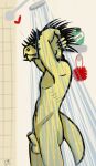 alien animal_genitalia anthro arm_quills balls bathing colored fhirefly fully_sheathed genitals halo_(series) heart_symbol hi_res kig-yar male microsoft non-mammal_balls non-mammal_sheath nude quill_hair ruuhtian scalie sheath short_tail shower showering side_view solo tail water xbox_game_studios
