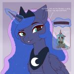 1:1 1_horn absurd_res angry black_neckwear black_tiara blue_hair changeling_(mlp) container crown dialogue digital_drawing_(artwork) digital_media_(artwork) duo english_text equid equine eyelashes eyeshadow feathered_wings feathers female female_feral feral flat_colors friendship_is_magic glass glass_container glass_jar hair hasbro headgear hi_res highlights_(coloring) hole_(anatomy) horn jar levitation magic makeup mammal my_little_pony mythological_creature mythological_equine mythology nnalyart open_mouth open_smile paintstorm_(artwork) princess_luna_(mlp) purple_body purple_eyeshadow purple_highlights purple_horn purple_wings quadruped queen_chrysalis_(mlp) sitting size_difference smile spiral_horn teal_eyes text tiara trapped winged_unicorn wings