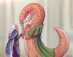 2024 ambiguous_gender anthro arm_grab armor arms_bent bearyboo biped blush cape cape_only capelet clothed clothing colored contiguous_snout digital_drawing_(artwork) digital_media_(artwork) duo earless elden_ring eye_contact fangs female_(lore) fromsoftware fur_cape fur_clothing green_cape green_capelet green_clothing green_eyes grin hair hand_on_nose hi_res human legged_snake line_art long_body long_hair long_neck looking_at_another looking_up mammal manserpent mostly_nude nude open_mouth orange_body orange_scales pupils raised_hands raised_tail reptile scales scalie semi-anthro shaded sharp_teeth signature simple_background size_difference slit_pupils smile snake snout standing tail tan_background tan_body tapering_tail teeth thick_tail ventral_scales white_hair zorayas