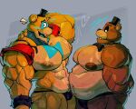 animatronic anthro bear belly biceps black_clothing black_underwear blue_blush blush bow_tie bracelet brown_body brown_fur butt clothing duo five_nights_at_freddy's five_nights_at_freddy's:_security_breach freddy_(fnaf) fur glamrock_freddy half-closed_eyes hand_on_neck hat headgear headwear heart_symbol hi_res its_coldpizza jewelry machine male mammal moobs mostly_nude muscular muscular_anthro muscular_arms muscular_male narrowed_eyes nipple_piercing nipples orange_body orange_fur overweight overweight_anthro overweight_male pecs piercing quads red_shoulder_pads robot scottgames spiked_bracelet spikes steel_wool_studios top_hat underwear