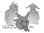 2026 4:3 anthro bodily_fluids canid canine canis carrot cauldron clothed clothing dialogue digital_media_(artwork) don't_eat_the_neighbours english_text food fox fox_(don't_eat_the_neighbours) greyscale group hi_res juniepix lagomorph leporid male mammal monochrome plant rabbit rabbit_(don't_eat_the_neighbours) shirt simple_background sweat text topwear towel trio vegetable white_background wolf wolf_(don't_eat_the_neighbours) x_eyes