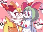 anthro areola arm_tuft big_breasts braixen breasts cheek_tuft duo eyelashes facial_tuft female front_view fur generation_3_pokemon generation_6_pokemon green_hair hair humanoid inner_ear_fluff jdkdoodles kirlia navel nintendo nipples nude orange_eyes orange_nose pink_areola pink_background pink_nipples pokemon pokemon_(species) red_eyes short_hair shoulder_tuft simple_background small_breasts smile snaggle_tooth tuft white_body white_fur wide_hips yellow_body yellow_fur