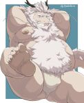 2026 anthro artist_name asian_clothing banryu_(crave_saga) beard belly belly_hair big_belly blue_background blue_eyes body_hair bulge butt chest_hair clothing colored crave_saga digital_drawing_(artwork) digital_media_(artwork) dragon east_asian_clothing eastern_dragon facial_hair feet foot_fetish fundoshi geometric_background hair hands_behind_head hi_res horn japanese_clothing light_body male mane moobs mythological_creature mythological_scalie mythology nipples overweight overweight_anthro overweight_male raised_arm raised_leg scalie shaded simple_background sitting soles solo syakekuro tail tail_fur text underwear whiskers white_clothing white_fundoshi white_hair white_underwear