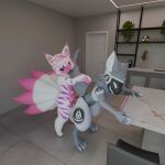 1:1 3d_(artwork) absurd_res against_counter against_furniture against_surface ambiguous_gender anal anal_penetration anthro armor balls bent_over birthmark blender_(artwork) burtrevolution burtrevolution_(burtrevolution) canid canine counter digital_media_(artwork) duo fox fur fur_markings genitals hair heart_(marking) heart_symbol heterochromia hi_res kitchen knot looking_pleasured machine male male/ambiguous mammal markings multi_tail penetration penis pink_body pink_fur pink_hair protogen purple_body purple_fur screen screen_face sex tail tail_grab visor white_body white_fur white_hair