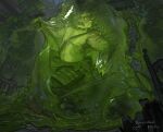 fantasy felid goo_transformation green_slime inside male mammal melee_weapon open_mouth pantherine slime solo sword themefinland tiger transformation weapon