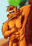 abs absurd_res accessory anthro armpit_hair athletic athletic_anthro athletic_male bodily_fluids body_hair canid canine dreamworks filipino forgotten_island genitals hand_behind_head headband headband_only hi_res looking_at_viewer male mammal morciver muscular muscular_anthro muscular_male musk nipples pecs penis philippines pits pubes raww_(forgotten_island) revicrom smile solo sweat sweatdrop werecanid werecanine werecreature weredog