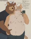 anthro arches_(game) backwards_hat bear belly belly_grab belt big_belly blush bodily_fluids bottomwear brown_bear cameron_wilson canid canine canis claws clothing compliment coyote denim denim_bottomwear denim_clothing devon_ortega dialogue digit_ring duo echo_(series) echo_project electronics embarrassed encouragement eye_scar facial_scar grizzly_bear handwritten_text hat headgear headwear heart_symbol hi_res jeans jewelry male male/male mammal mattinqq moobs necklace nipples overweight overweight_male pants phone ring scar selfie shirtless simple_background speech_bubble sweat tail text ursine wedding_ring weight_gain