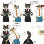 1:1 4_panel_comic absurd_res accessory anthro black_bottomwear black_clothing black_pants blue_bottomwear blue_clothing blue_pants blue_sclera book bottomwear clothing collared_shirt comic dialogue dipstick_tail domestic_cat dress_shirt duo english_text felid feline felis fur green_sclera grey_clothing grey_topwear grey_vest handwritten_text hi_res hitting hitting_another holding_book holding_object humor lackadaisy male male/male mammal markings mordecai_heller multicolored_body multicolored_fur necktie orange_necktie pants red_necktie rocky_rickaby rolled_up_sleeves shirt shocked simple_background sleepylynxxes tag_(game) tail tail_markings text topwear vest whiskers white_background
