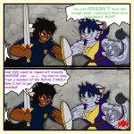 1:1 2_panel_comic animal_humanoid anthro badge bandage bandaged_chest black_hair black_nose blue_clothing blue_hair blue_shirt blue_topwear blue_vest border brown_body brown_skin canid canid_humanoid canine canine_humanoid clashing claws clothed clothed_female clothed_male clothing comic dialogue dipstick_tail duo english_description english_text eyebrows fangs felid female fight flat_colors fox_humanoid fully_clothed fully_clothed_female fully_clothed_male fur green_eyes grey_body grey_fur hair hi_res holding_melee_weapon holding_object holding_sword holding_weapon humanoid insult insulting_another lilith_ashbluff logo lucas_vulperosa male mammal mammal_humanoid markings melee_weapon messy_hair multicolored_body multicolored_fur pantherine pink_nose ponytail purple_clothing purple_eyes purple_robe robe shield shirt sinisterslyfox snow_leopard speech_bubble spots spotted_markings stone_wall sword tail tail_markings teeth text thick_eyebrows topwear vest wall_(structure) weapon white_tail_tip yellow_border yellow_clothing yellow_shirt yellow_topwear