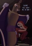 2026 absurd_res animate_inanimate anthro black_tie_(suit) caine_(tadc) cartoon_gloves clothing crocust duo english_text for_a_head genitals glitch_productions hi_res kinger_(tadc) licking living_chess_piece looking_at_another male male/male object_head penis penis_grab robe royal_robe seductive seductive_mouth suit text the_amazing_digital_circus tongue tooth_creature underwear undressing
