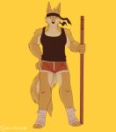 5_fingers 5_toes accessory anthro artist_name black_clothing black_headband black_shirt black_tank_top black_topwear bo_staff bottomwear canid canine clothing feet feet_wraps fingers fur headband hi_res holding_object holding_staff koiyaroid looking_at_viewer male mammal monotone_background plantigrade red_bottomwear red_clothing red_shorts shirt shorts simple_background solo staff standing tank_top text toes topwear yellow_background yellow_body yellow_fur