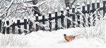 2014 acrylic_painting_(artwork) avian bird brown_body brown_feathers common_pheasant feathers fence feral galliform multicolored_body multicolored_feathers on_ground orange_body orange_feathers painting_(artwork) phasianid pheasant renum63 snow solo traditional_media_(artwork) traditional_painting_(artwork) winter