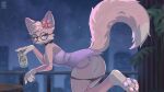 anthro areola biped breasts butt clothed clothing dress eyelashes eyewear female fur genitals glasses hi_res looking_at_viewer mammal nipples panties panties_down partially_clothed pink_body pupils purple_clothing rin_tyan smile solo underwear underwear_down vulva wearing_glasses