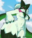 2026 3_fingers :3 absurd_res anthro areola areola_slip arm_tuft artist_name bedroom_eyes big_breasts breast_curtains breasts cheek_tuft claws cloud crotch_tuft day digital_media_(artwork) elbow_tuft eyelashes facial_tuft female female_anthro finger_claws fingers flower_(anatomy) front_view fur generation_9_pokemon genitals green_areola green_body green_fur hand_on_hip hand_on_own_hip hi_res hip_tuft leg_tuft looking_at_viewer low-angle_view meowscarada narrowed_eyes navel nintendo nipple_outline nude nude_anthro nude_female outside pink_eyes pink_nose pokemon pokemon_(species) pupils rinexern seductive shoulder_tuft sky slit_pupils smile smiling_at_viewer solo standing text thick_thighs thigh_tuft tuft vulva wide_hipped_anthro wide_hipped_female wide_hips