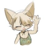 1:1 4_fingers anthro bangs black_nose blush canid canine choker circle_eyebrows clothing cute_fangs dress eyebrows eyelashes eyes_closed fangs female fingers flat_chested floral_print fur gesture green_clothing green_topwear guide_lines hair happy hasukii hazuki_mikami_(hasukii) jewelry kemono mammal necklace short_hair smile solo tan_body tan_ears tan_fur tan_hair teeth topwear waving waving_at_viewer