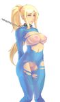  1girl bdsm blonde_hair blush bodysuit breasts breasts_outside collar large_breasts metroid nintendo nipples owler ponytail pussy samus_aran simple_background slave solo torn_clothes uncensored zero_suit 