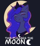 1_horn absurd_res black_tiara blue_eyeshadow bust_portrait closed_smile crescent_moon crown digital_drawing_(artwork) digital_media_(artwork) english_text equid equine eyelashes eyes_closed eyeshadow female female_feral feral flat_colors friendship_is_magic hair hasbro headgear hi_res highlights_(coloring) horn makeup mammal moon mouth_closed my_little_pony mythological_creature mythological_equine mythology nnalyart portrait princess_luna_(mlp) procreate_(artwork) purple_body purple_hair purple_highlights purple_horn smile solo sparkles sparkling_hair text tiara unicorn