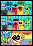 absurd_res anthro avian bat bear bird blue_body bobby_bearhug bubba_bubbaphant chicken clown_makeup elephant elephantid female galliform green_body group hi_res hoppy_hopscotch kickinchicken lagomorph leporid male mammal mob_entertainment nightmare_critters phasianid poppy_playtime proboscidean rabbit rabie_baby_(poppy_playtime) red_body rocketlennon smiling_critters spanish_text text translated white_body yellow_body