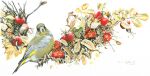 2003 acrylic_painting_(artwork) black_eyes black_markings feathers feral green_body green_feathers greenfinch looking_at_viewer markings painting_(artwork) plant red_berry renum63 simple_background solo traditional_media_(artwork) traditional_painting_(artwork) white_background yellow_markings