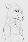 2025 anthro blep bust_portrait clothed clothing collar collar_tag digital_media_(artwork) eyelashes female ferimaaa giraffe giraffid hair horn long_hair mammal monochrome ossicone portrait raffe_(alyxalyx) simple_background sketch solo tongue tongue_out topwear