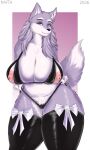 absurd_res anthro areola belly big_areola big_belly big_breasts black_nails bra breasts canid canine canis cervina chest_tuft clothing colored_nails ear_tuft eyeshadow female fluffy fluffy_belly fluffy_hair fluffy_tail fur glistening glistening_clothing grey_body grey_fur hair hands_on_underwear hi_res latex latex_bra latex_clothing latex_legwear latex_panties latex_stockings latex_underwear legwear long_nails makeup mammal multicolored_body multicolored_fur nails natural_breasts nipples nvfta panties pink_nipples pointy_ears pubes purple_eyeshadow ribbons solo standing stockings tail thick_thighs tuft two_tone_body two_tone_fur underwear white_body white_fur white_ribbon wolf yellow_eyes