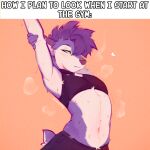 1:1 after_exercise anthro blue_body blue_fur bodily_fluids bottomwear caption clothed clothing crop_top digital_media_(artwork) english_text felid feline femboy fur hair lazylynxboy lazylynxboy_(character) lynx male mammal midriff navel shirt simple_background solo stretching stretching_arms sweat sweaty_body tail text topwear white_body white_fur