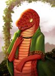 2023 4_fingers ambiguous_gender anthro archway arms_bent biped blush cape clothing colored day digital_drawing_(artwork) digital_media_(artwork) elden_ring envandrare female_(lore) fingers fromsoftware green_cape green_clothing hand_on_chest hi_res legged_snake manserpent open_mouth orange_body orange_scales outside plant reptile scales scalie semi-anthro shaded shrub simple_background snake snout solo standing teeth ventral_scales white_background yellow_eyes zorayas