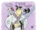 101_dalmatian_street 101_dalmatians 2021 asian_clothing black_body black_fur black_hair black_nose black_paws black_spots blue_collar canid canine canis cartoon_network clothing collar crossover dalmatian dee_dee_(101_dalmatians) disney dizzy_(101_dalmatians) domestic_dog east_asian_clothing english_text facial_markings female feral floppy_ears fur group hair head_markings heterochromatic_ears holding_katana holding_melee_weapon holding_object holding_sword holding_weapon human japanese_clothing katana kimono male mammal markings mask_(marking) melee_weapon pink_inner_ear samurai_jack samurai_jack_(character) spots spotted_body spotted_fur sword text trio unclescooter weapon white_body white_fur