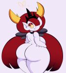 absurd_res big_breasts big_butt big_hair breasts butt collar crown disney eyelashes eyeshadow female grey_background grey_body hair hair_over_eye headgear hekapoo hi_res horn horned_humanoid huge_butt humanoid humanoid_pointy_ears jdkdoodles long_hair looking_at_viewer looking_back looking_back_at_viewer makeup nude orange_eyes pointy_ears rear_view red_eyeshadow red_hair simple_background smile snaggle_tooth solo spiked_collar spikes star_vs._the_forces_of_evil thick_thighs wide_hips yellow_horn yellow_sclera