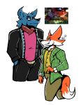 2026 anthro belt black_bottomwear black_clothing black_jacket black_pants black_topwear bottomwear canid canine canis checkered checkered_clothing clothed clothing digital_media_(artwork) don't_eat_the_neighbours duo fox fox_(don't_eat_the_neighbours) fur green_bottomwear green_clothing green_jacket green_pants green_topwear grey_body grey_fur hi_res jacket kerchief male mammal multicolored_body multicolored_fur neckerchief neckwear orange_body orange_fur pants pattern_clothing pink_clothing pink_shirt pink_topwear red_kerchief red_neckerchief reference_image shirt simple_background tail topwear two_tone_body two_tone_fur vest vividwolfe white_background white_body white_clothing white_fur white_shirt white_topwear wolf wolf_(don't_eat_the_neighbours) yellow_clothing yellow_topwear yellow_vest