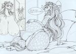 anthro antlers areola asking_viewer bed big_areola big_breasts big_butt biped breasts butt clothed clothing cloven_hooves deer dialogue duo english_text eyelashes female female_focus furniture giraffe giraffid greeting greyscale hair hand_on_hip hand_on_own_hip heart_symbol hi_res hooves horn huge_breasts huge_butt inverted_nipples inviting inviting_to_bed larger_female lips long_hair long_neck longinius looking_at_viewer looking_back looking_back_at_viewer lying male mammal monochrome nipples nude nude_anthro nude_female on_side ossicone overweight overweight_anthro overweight_female patrick_(hyperfreak666) pillow pupils size_difference smaller_male smile solo_focus speech_bubble tail talking_to_viewer text topless topless_anthro topless_male unguligrade wide_hips zawabi